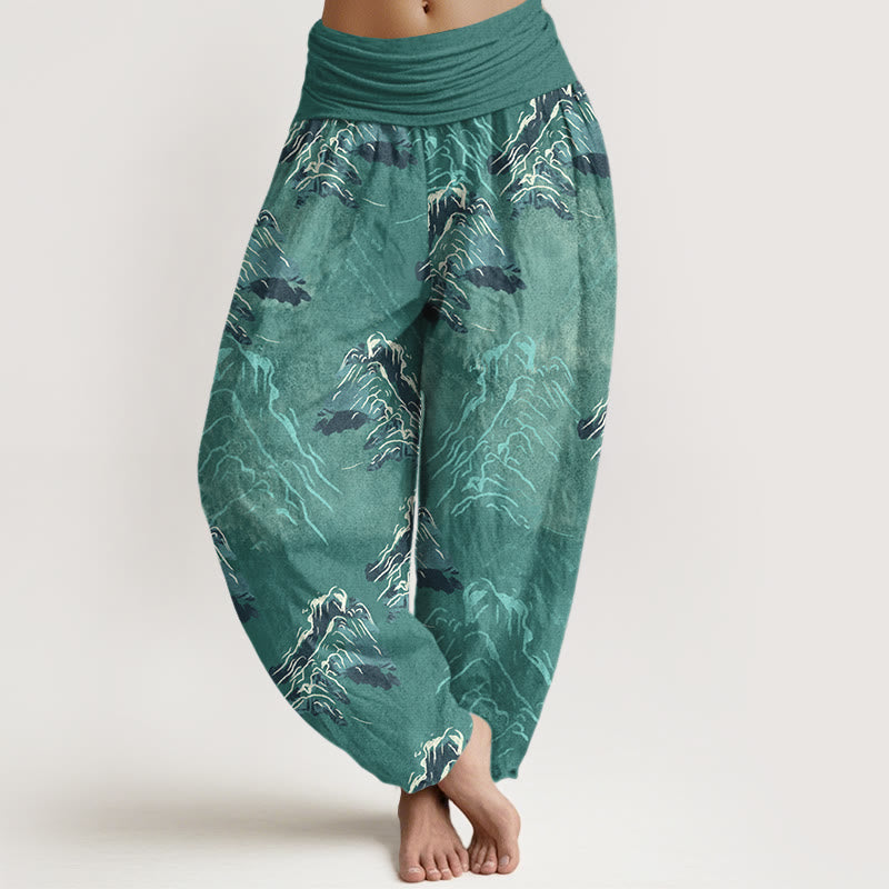 Nimara Ritual Pure Cotton Vivid Emerald-green Mountains Women's Elastic Waist Harem Pants