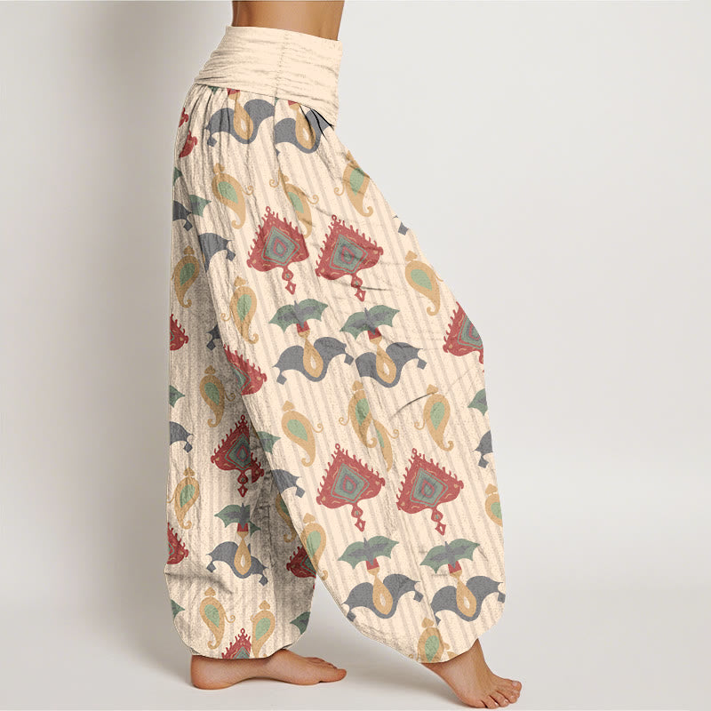 Nimara Ritual Pure Cotton Triangle Flame Geometric Shapes Feather Women's Elastic Waist Harem Pants