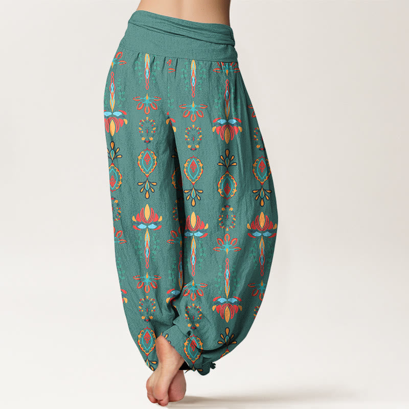 Nimara Ritual Pure Cotton Colorful Lotus Flowers Green Leaves Geometric Women's Elastic Waist Harem Pants
