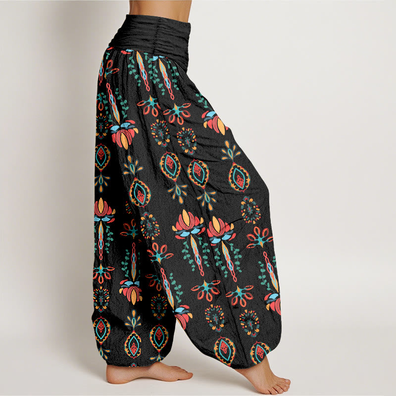 Nimara Ritual Pure Cotton Colorful Lotus Flowers Green Leaves Geometric Women's Elastic Waist Harem Pants