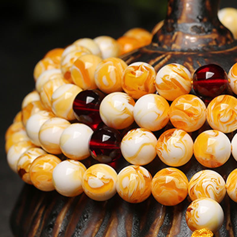 Nimara Ritual Tibetan White Yellow 108 Beads Amber Mala