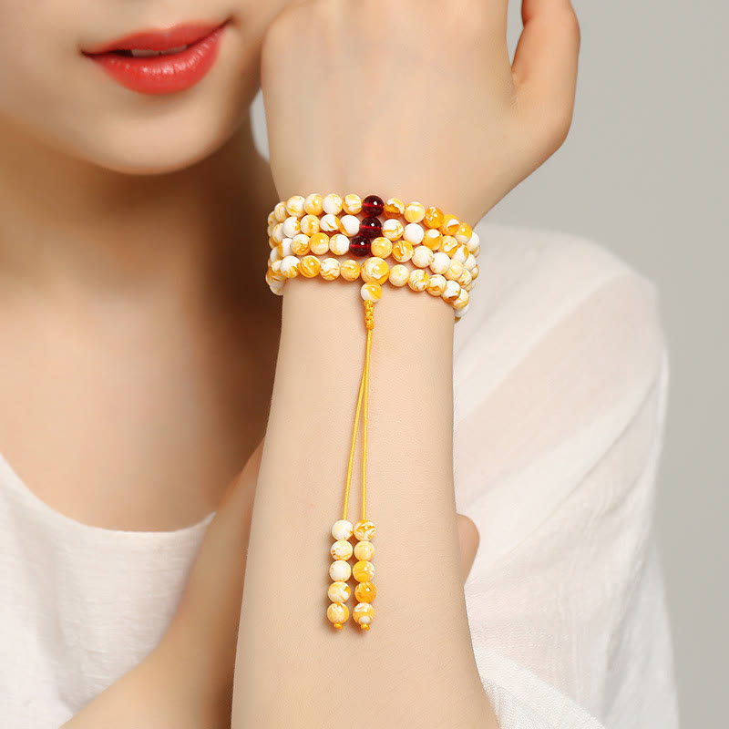 Nimara Ritual Tibetan White Yellow 108 Beads Amber Mala