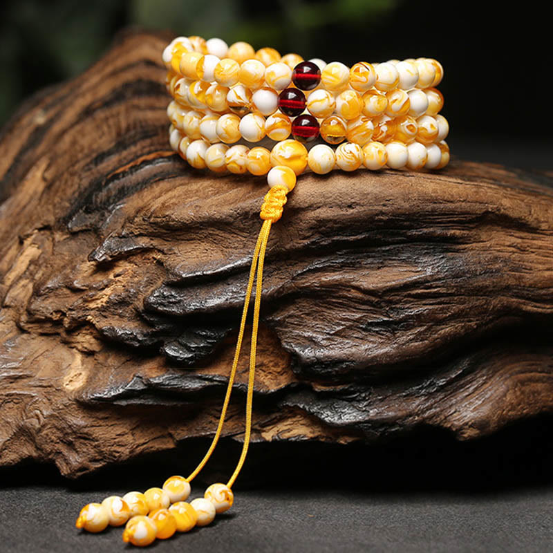 Nimara Ritual Tibetan White Yellow 108 Beads Amber Mala