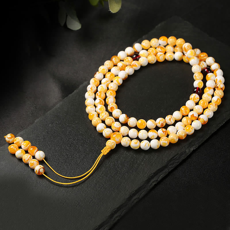 Nimara Ritual Tibetan White Yellow 108 Beads Amber Mala