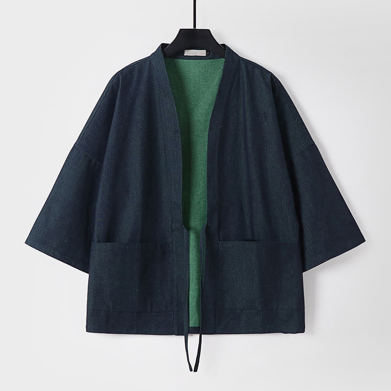 Nimara Ritual Solid Lace-up Open Front Three Quarter Sleeve Jacket Men's Denim Cotton Kimono