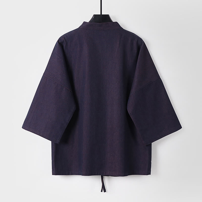 Nimara Ritual Solid Lace-up Open Front Three Quarter Sleeve Jacket Men's Denim Cotton Kimono