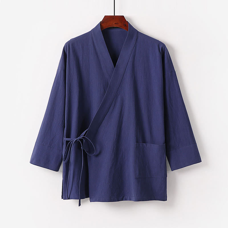 Nimara Ritual 2Pcs Fall Lace-up Cotton Kimono Ankle-Length Wide Leg Pants With Pockets Men's Meditation Cloth Set