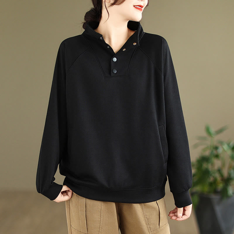 Nimara Ritual Fall Solid Stand Collar Buttons Design Long Sleeve Women's Cotton Sweatshirt