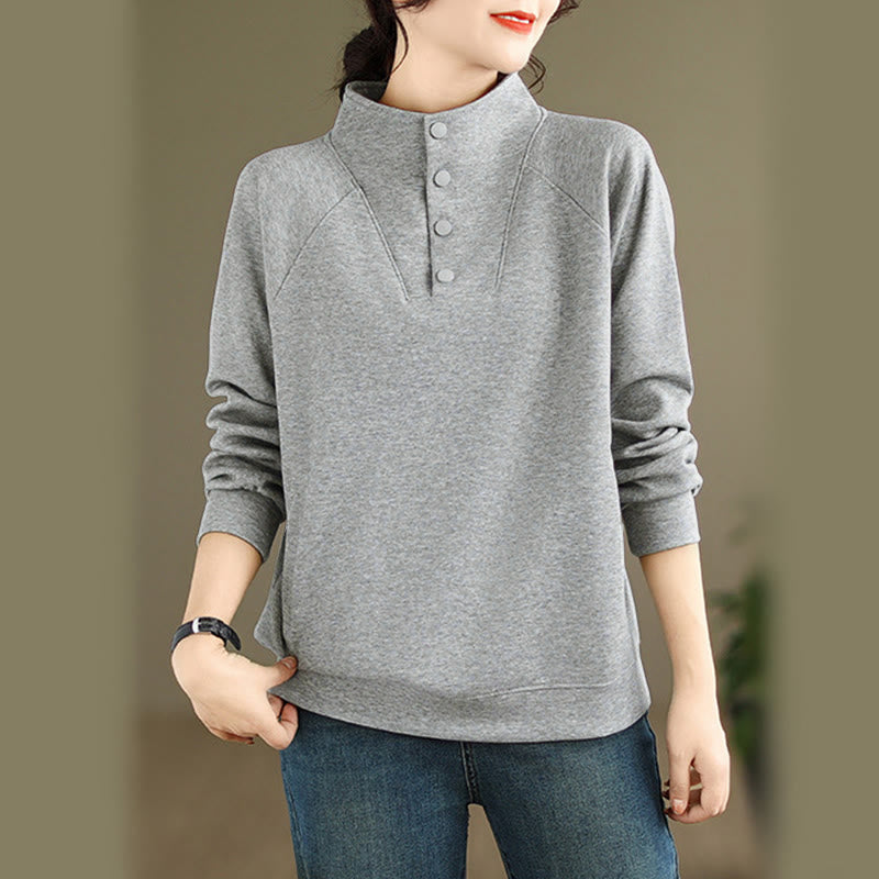 Nimara Ritual Fall Solid Stand Collar Buttons Design Long Sleeve Women's Cotton Sweatshirt