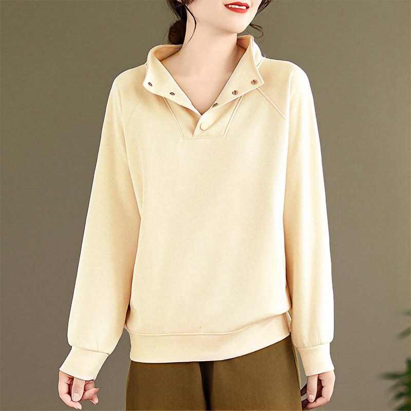 Nimara Ritual Fall Solid Stand Collar Buttons Design Long Sleeve Women's Cotton Sweatshirt