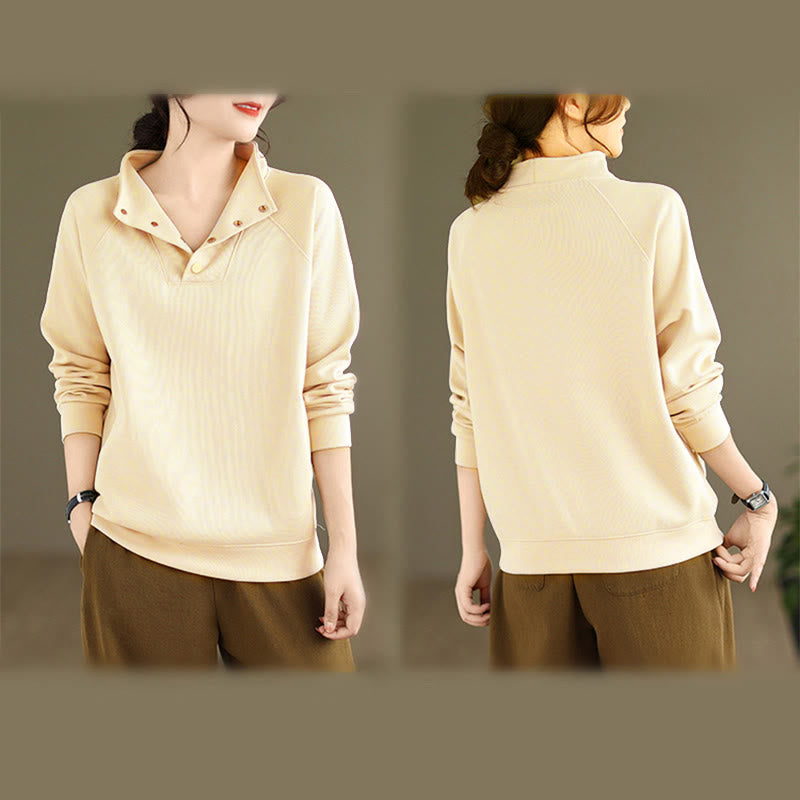 Nimara Ritual Fall Solid Stand Collar Buttons Design Long Sleeve Women's Cotton Sweatshirt