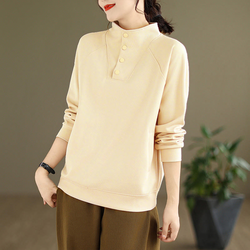 Nimara Ritual Fall Solid Stand Collar Buttons Design Long Sleeve Women's Cotton Sweatshirt