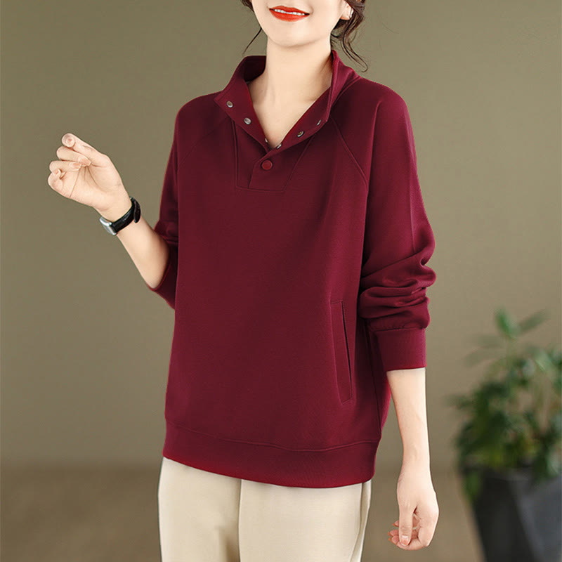 Nimara Ritual Fall Solid Stand Collar Buttons Design Long Sleeve Women's Cotton Sweatshirt