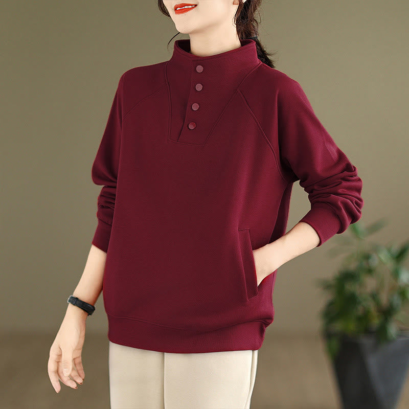 Nimara Ritual Fall Solid Stand Collar Buttons Design Long Sleeve Women's Cotton Sweatshirt