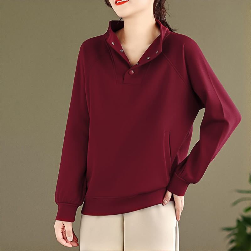 Nimara Ritual Fall Solid Stand Collar Buttons Design Long Sleeve Women's Cotton Sweatshirt
