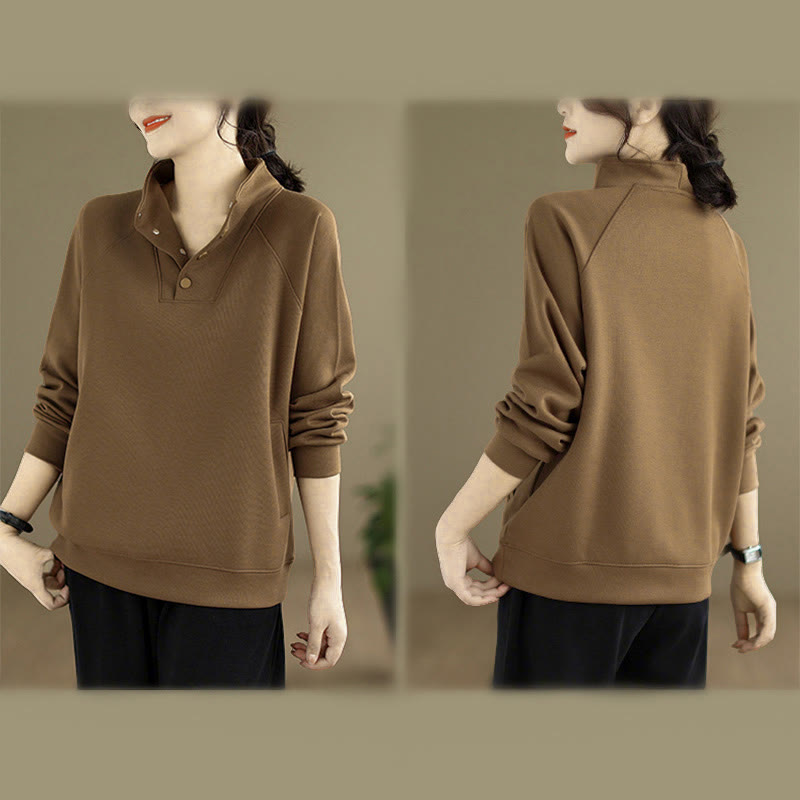 Nimara Ritual Fall Solid Stand Collar Buttons Design Long Sleeve Women's Cotton Sweatshirt