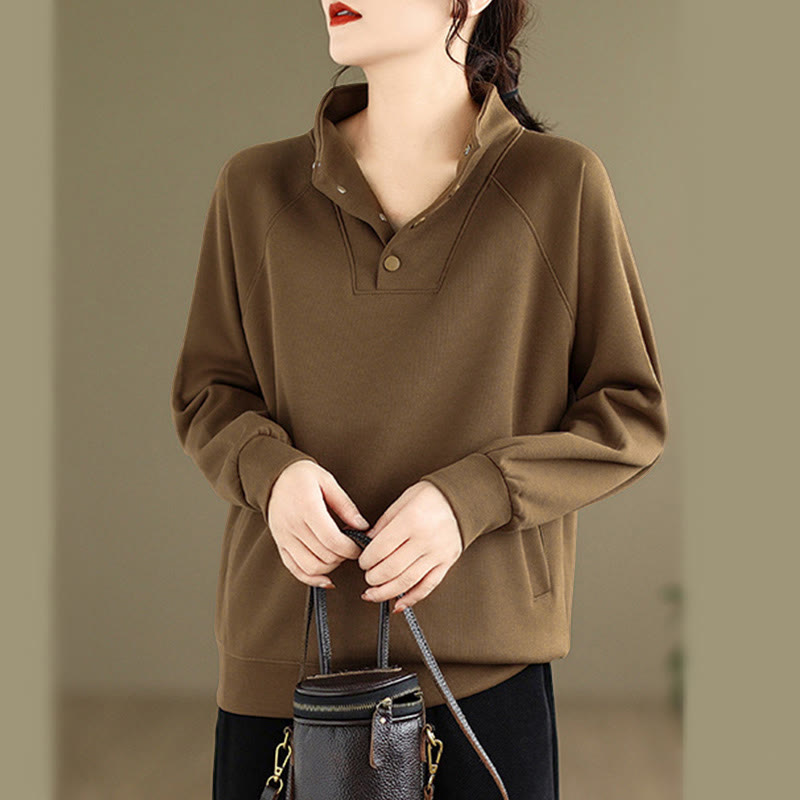 Nimara Ritual Fall Solid Stand Collar Buttons Design Long Sleeve Women's Cotton Sweatshirt
