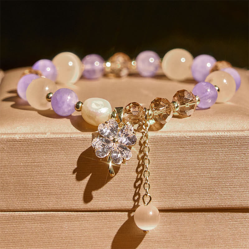 Nimara Ritual Four Leaf Clover Amethyst Citrine Green Strawberry Quartz Rutilated Quartz Balance Bracelet