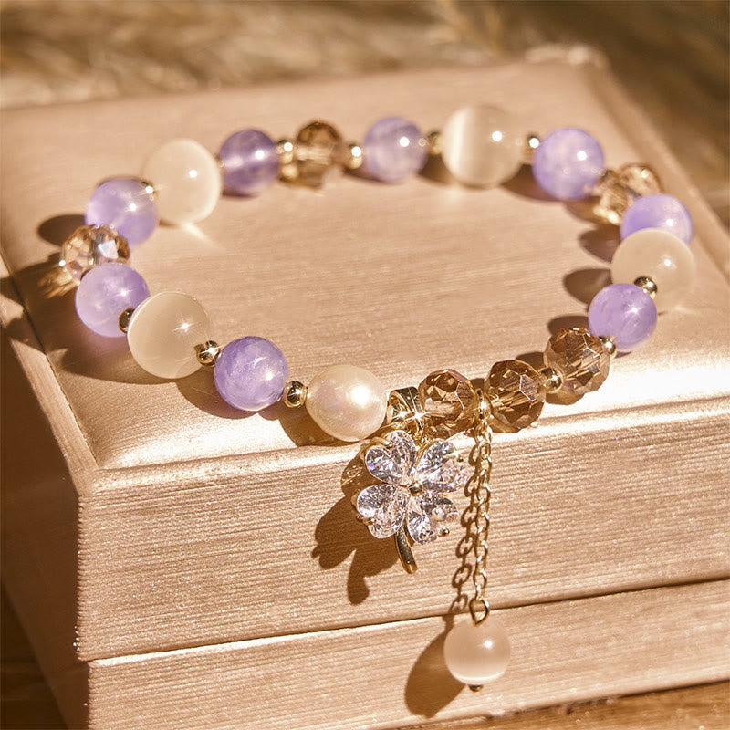 Nimara Ritual Four Leaf Clover Amethyst Citrine Green Strawberry Quartz Rutilated Quartz Balance Bracelet