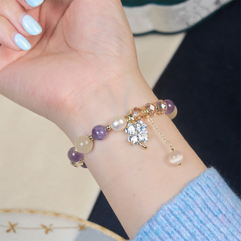 Nimara Ritual Four Leaf Clover Amethyst Citrine Green Strawberry Quartz Rutilated Quartz Balance Bracelet