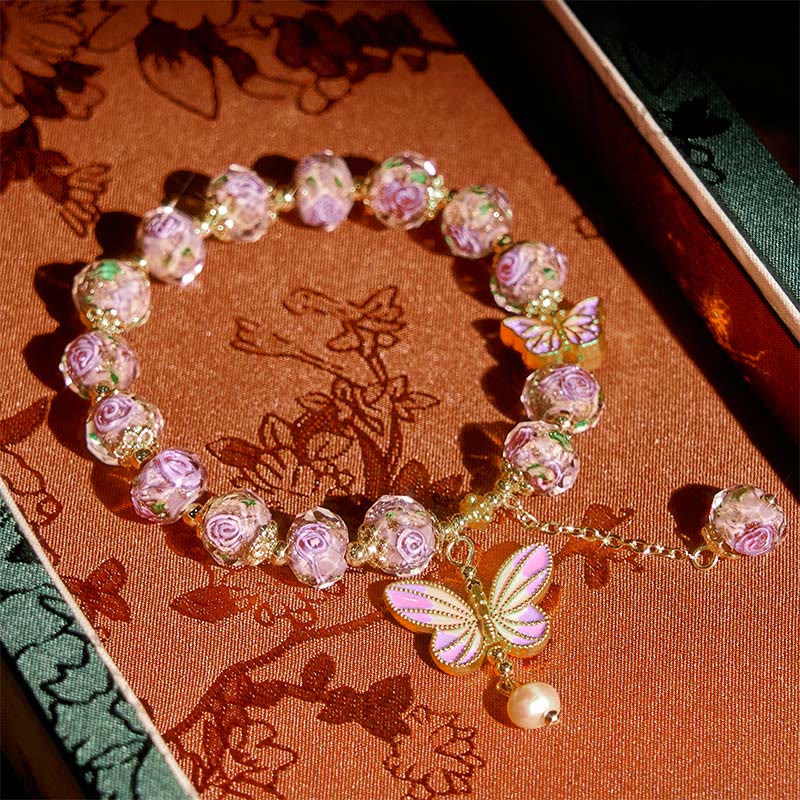 Nimara Ritual Double Butterflies Charm Flower Liuli Glass Beaded Love Bracelet