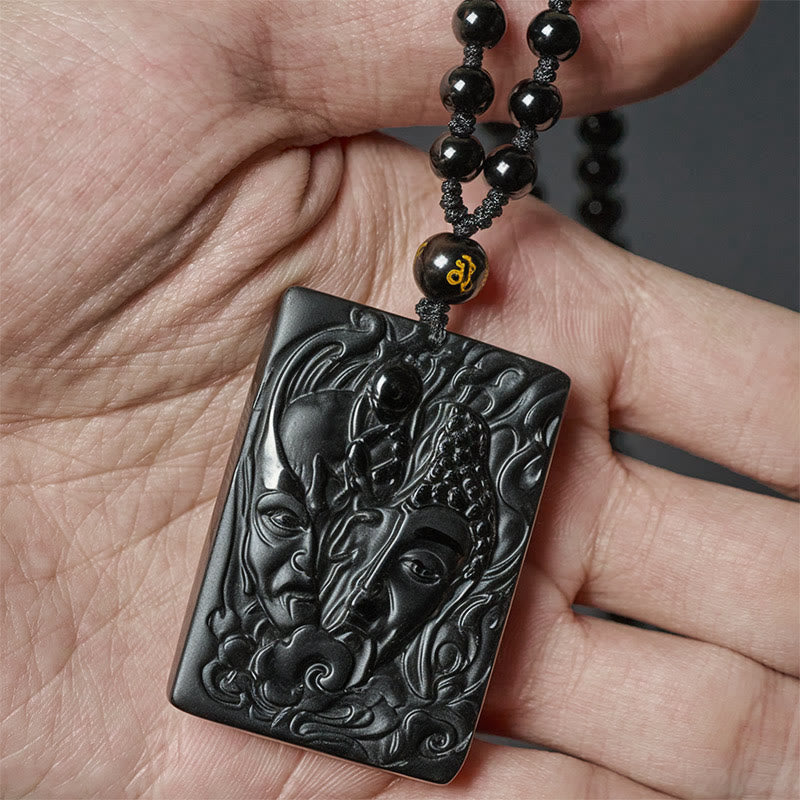 Nimara Ritual Half Demon Half Buddha Relief Design Black Obsidian Strength Necklace Pendant