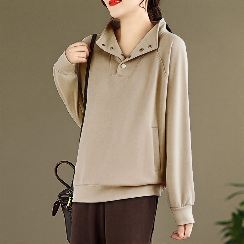 Nimara Ritual Fall Solid Stand Collar Buttons Design Long Sleeve Women's Cotton Sweatshirt