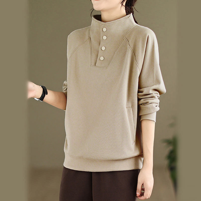 Nimara Ritual Fall Solid Stand Collar Buttons Design Long Sleeve Women's Cotton Sweatshirt