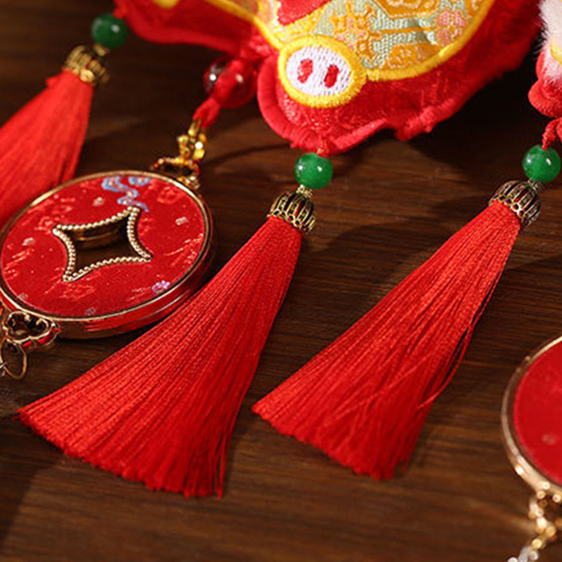 Nimara Ritual Embroidery Year Of The Horse Fu Character Copper Coin Shape Red String Hanging Decoration