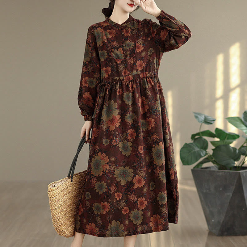 Nimara Ritual Flower Pattern Long Sleeve Cotton Midi Dress With Pockets
