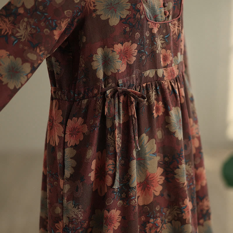 Nimara Ritual Flower Pattern Long Sleeve Cotton Midi Dress With Pockets