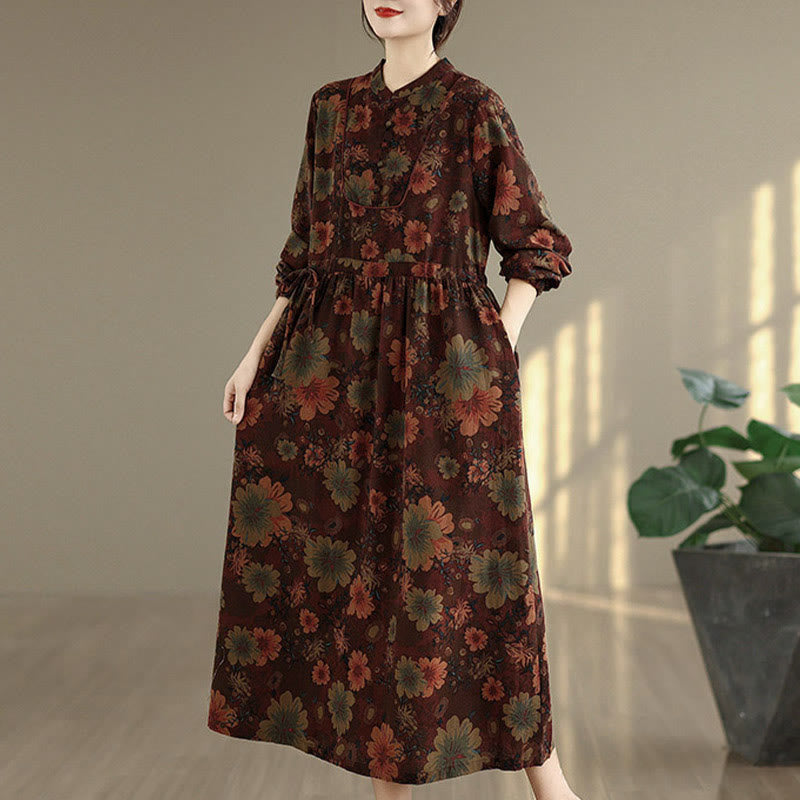 Nimara Ritual Flower Pattern Long Sleeve Cotton Midi Dress With Pockets