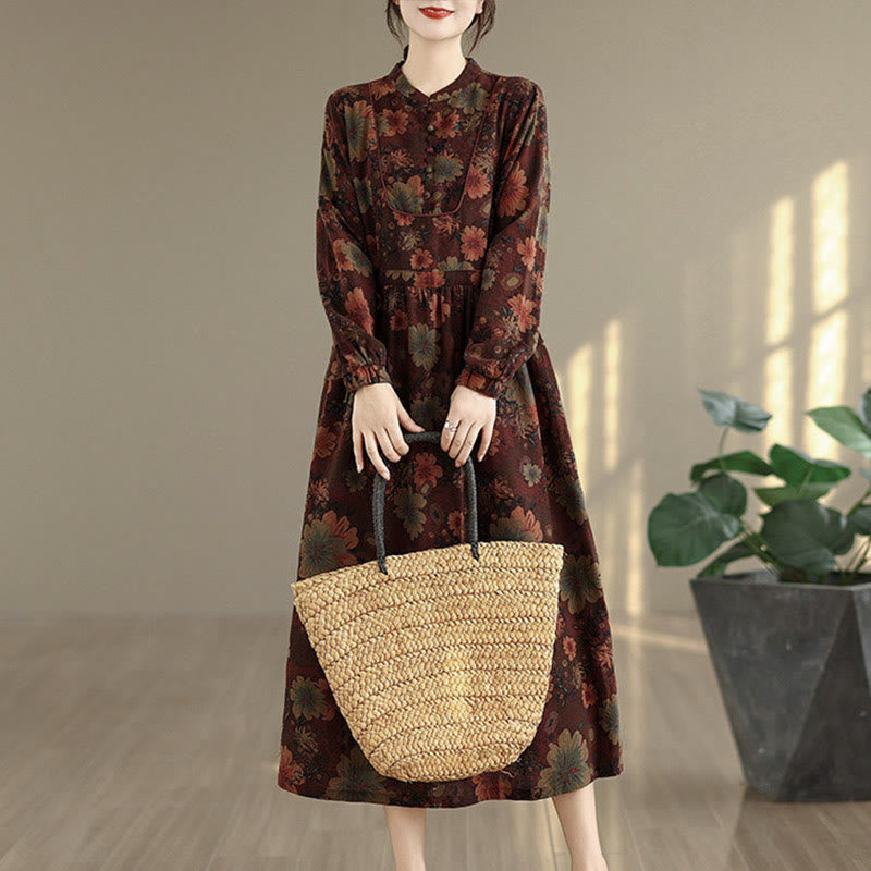 Nimara Ritual Flower Pattern Long Sleeve Cotton Midi Dress With Pockets