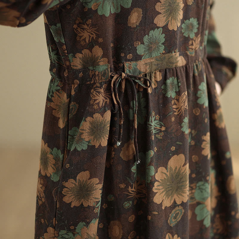 Nimara Ritual Flower Pattern Long Sleeve Cotton Midi Dress With Pockets