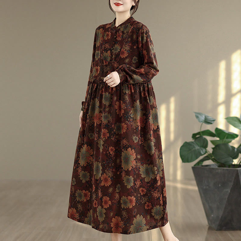 Nimara Ritual Flower Pattern Long Sleeve Cotton Midi Dress With Pockets