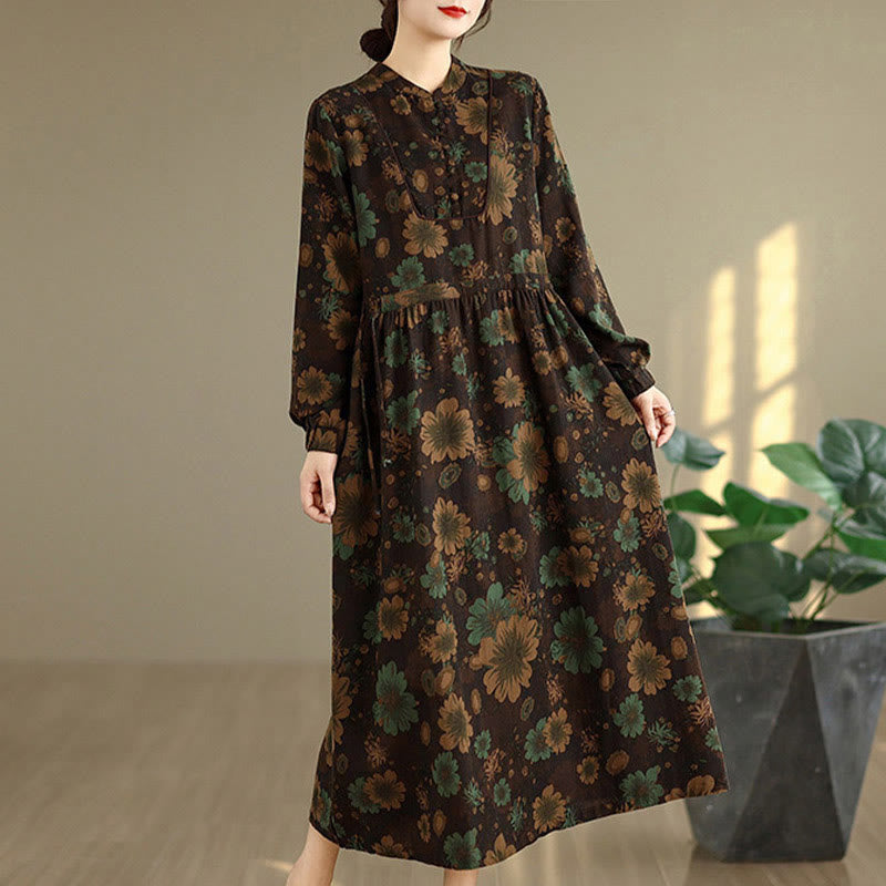 Nimara Ritual Flower Pattern Long Sleeve Cotton Midi Dress With Pockets