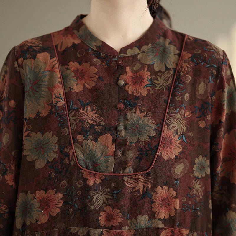 Nimara Ritual Flower Pattern Long Sleeve Cotton Midi Dress With Pockets