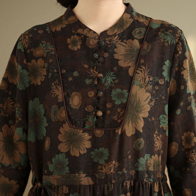 Nimara Ritual Flower Pattern Long Sleeve Cotton Midi Dress With Pockets