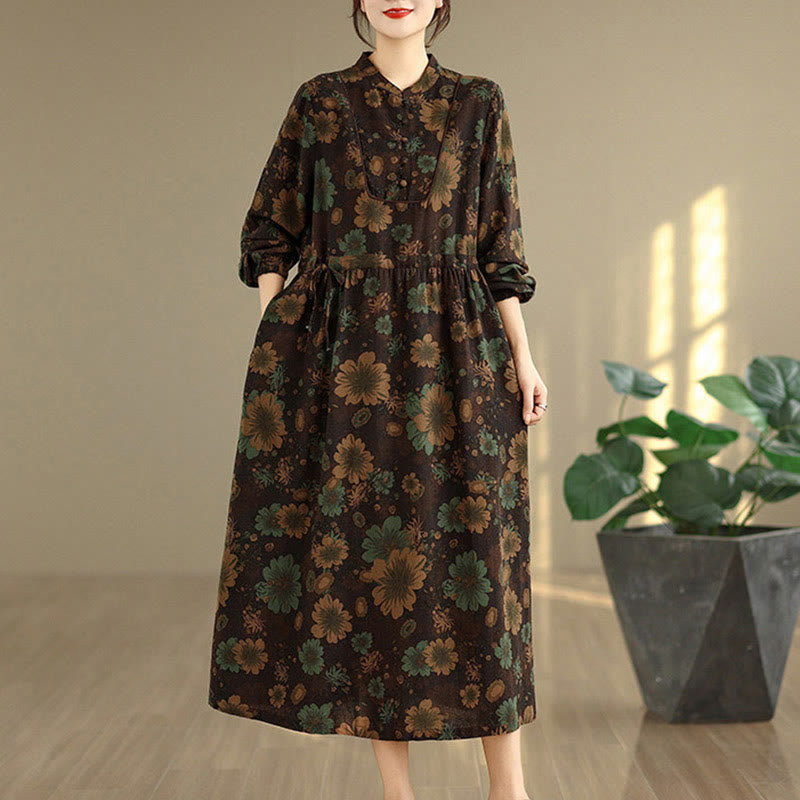 Nimara Ritual Flower Pattern Long Sleeve Cotton Midi Dress With Pockets
