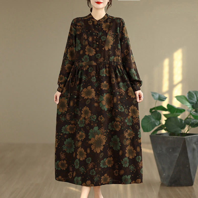 Nimara Ritual Flower Pattern Long Sleeve Cotton Midi Dress With Pockets