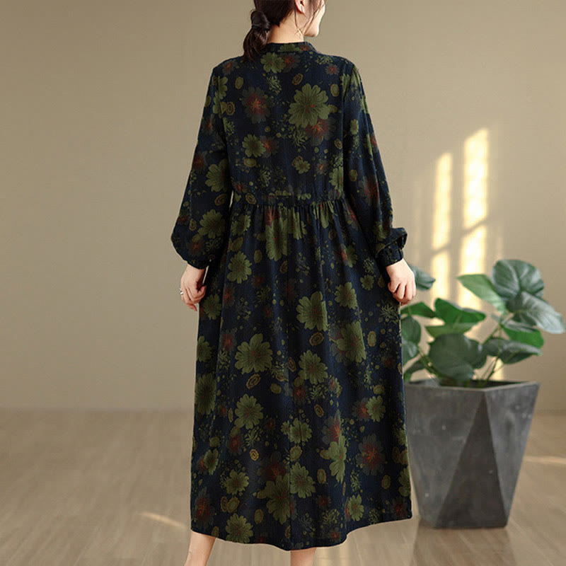 Nimara Ritual Flower Pattern Long Sleeve Cotton Midi Dress With Pockets