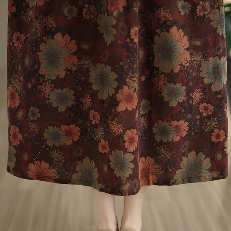 Nimara Ritual Flower Pattern Long Sleeve Cotton Midi Dress With Pockets
