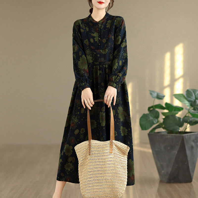 Nimara Ritual Flower Pattern Long Sleeve Cotton Midi Dress With Pockets