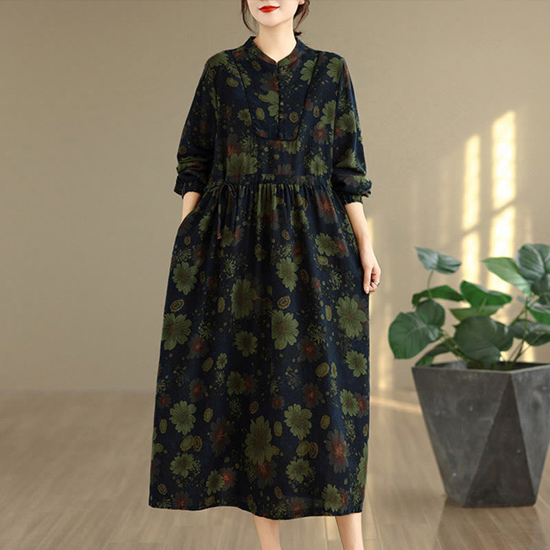 Nimara Ritual Flower Pattern Long Sleeve Cotton Midi Dress With Pockets