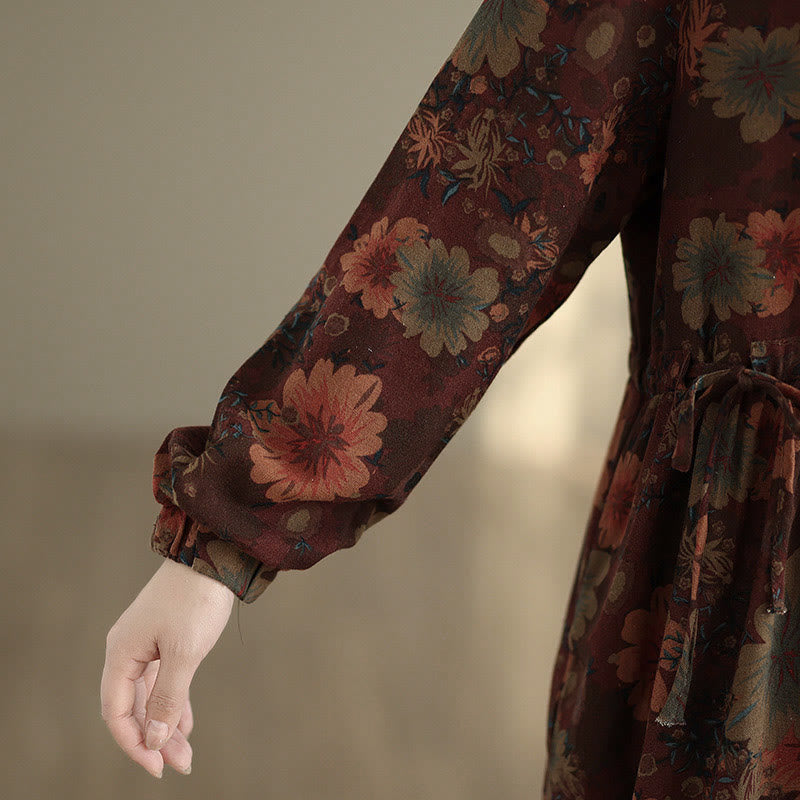 Nimara Ritual Flower Pattern Long Sleeve Cotton Midi Dress With Pockets