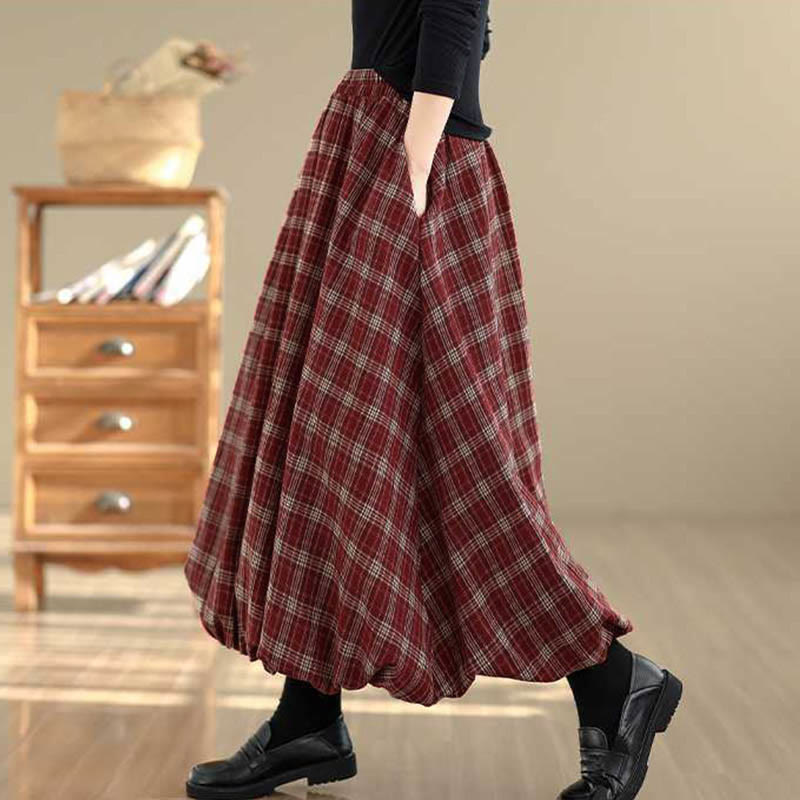 Nimara Ritual Women's Plaid Pattern Cotton Skirt With Pockets