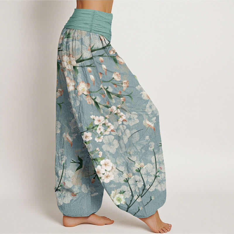 Nimara Ritual Pure Cotton Peach Blossoms Flying Geese Pattern Women's Elastic Waist Harem Pants