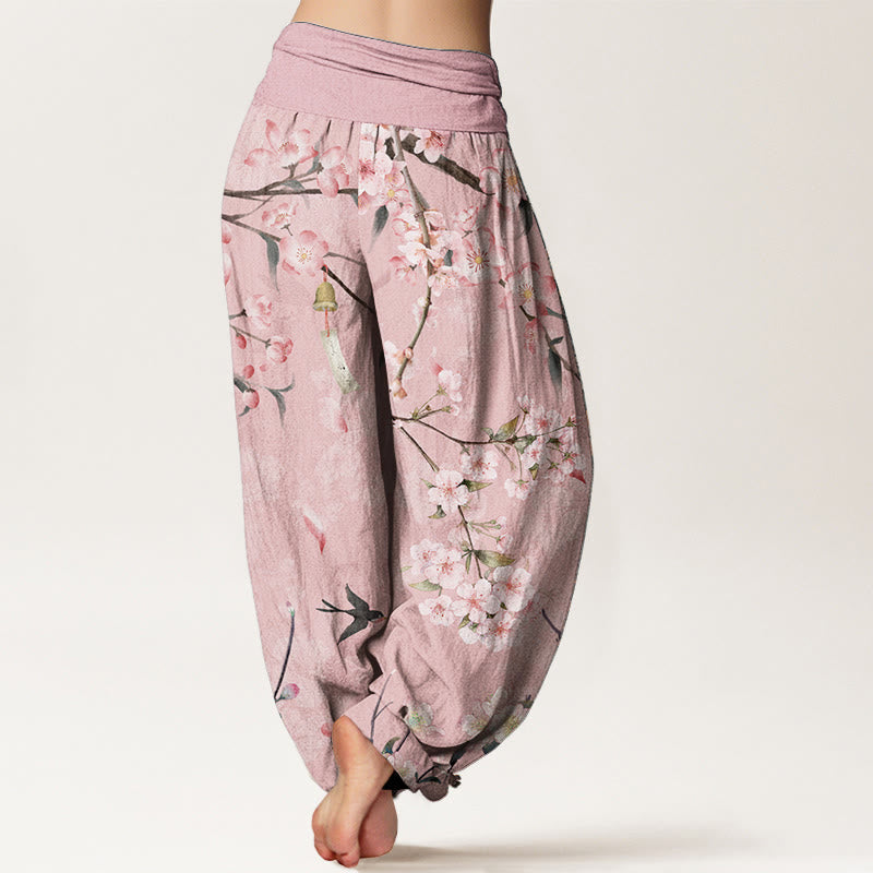 Nimara Ritual Pure Cotton Peach Blossoms Flying Geese Pattern Women's Elastic Waist Harem Pants