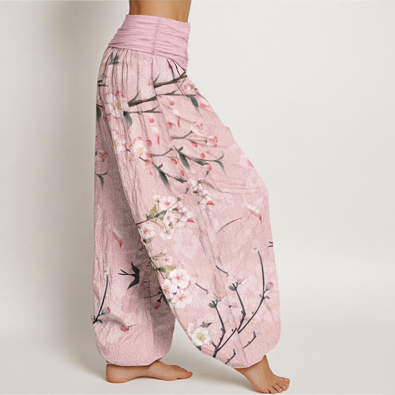 Nimara Ritual Pure Cotton Peach Blossoms Flying Geese Pattern Women's Elastic Waist Harem Pants