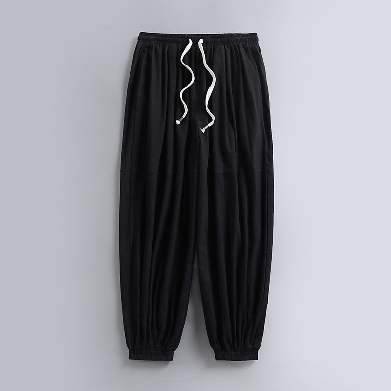 Nimara Ritual Plain Drawstring Tapered Ankle-Length Men's Cotton Linen Pants With Pockets